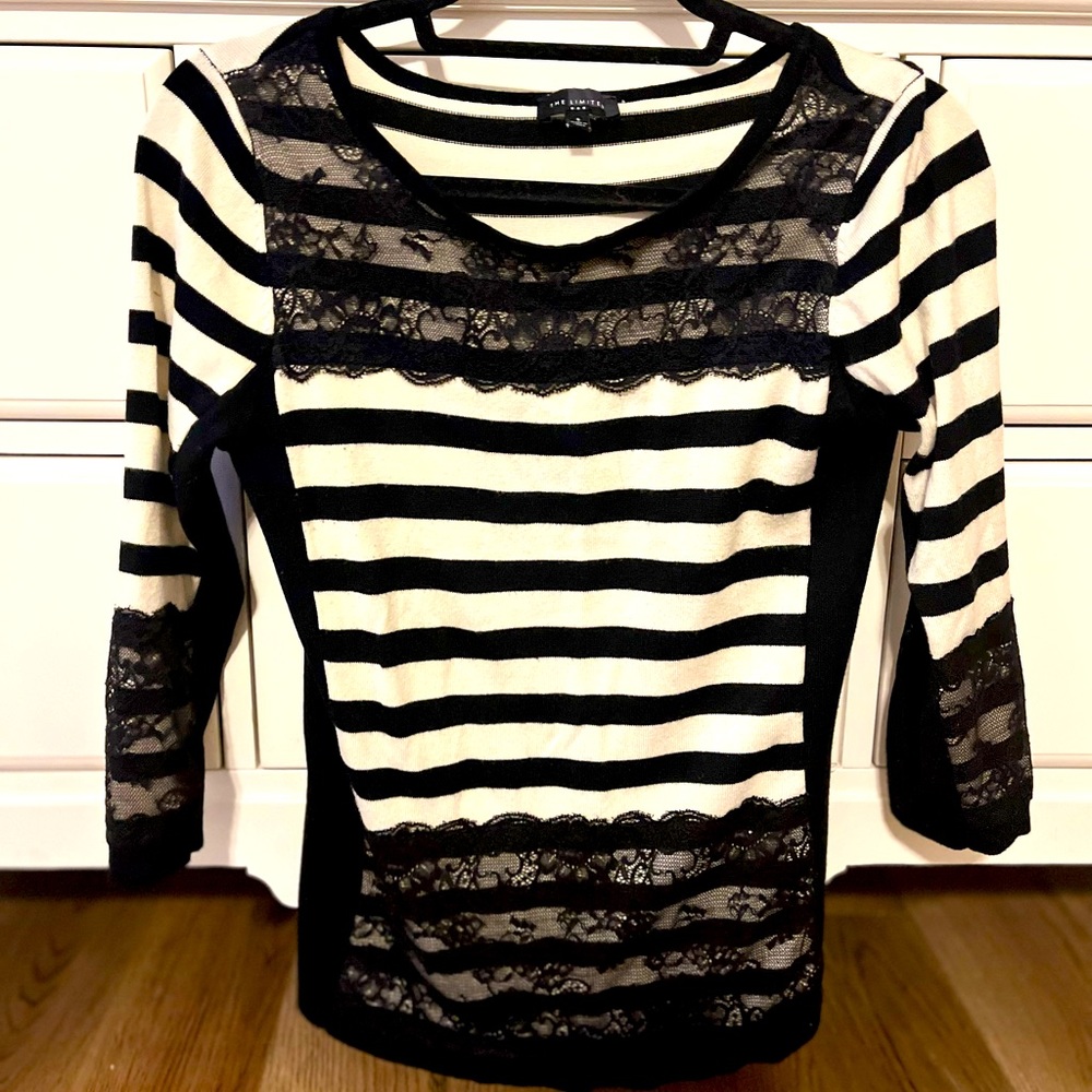 🖤 THE LIMITED Tan Black Stripe Color 3/4 Sleeve Knit Sweater Size S NWOT…